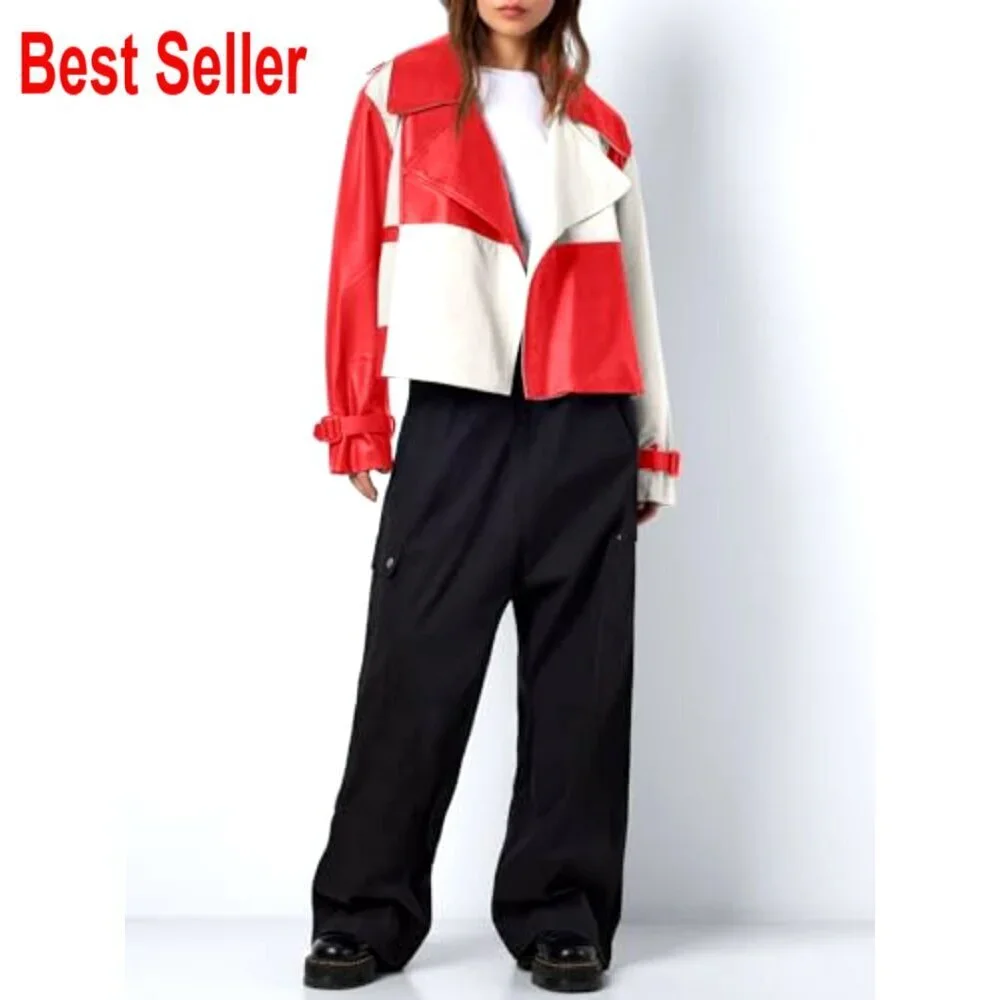 Oversized Cropped Leather Jacket with Color Block Design, Side Pockets - Picture 4 of 7